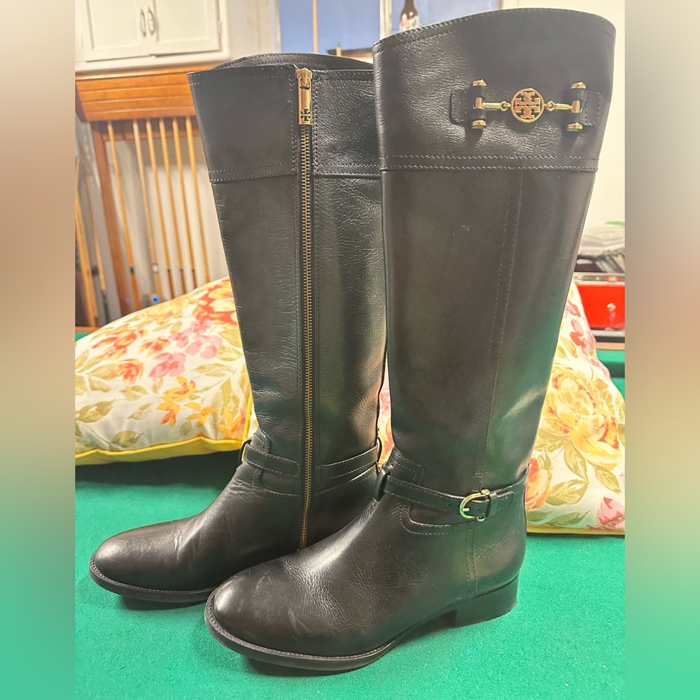 Like New. Tory Burch Black Leather Riding Boots with Gold detail